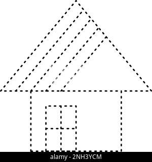 Tracciando la forma delle linee tratteggiate della casa per i bambini della scuola materna e dell'asilo l'elemento del foglio di lavoro per la pratica di disegno Illustrazione Vettoriale