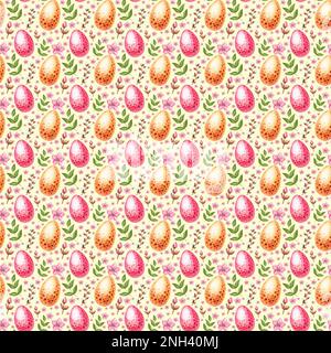 Motivo acquerello con uova di Pasqua e fiori per il confezionamento, abbigliamento per bambini, regali di festa, tessuto stampato, inviti, scrapbooking digitale, f Foto Stock