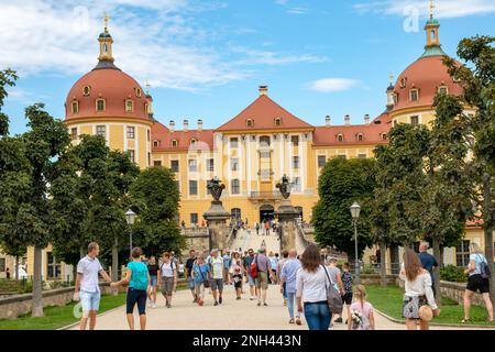 Moritzburg, Germania - 23 AGOSTO 2020. Castello barocco di Moritzburg vicino a Dresda. L'ex casetta di caccia divenne un palazzo reale di piacere sotto agosto la S. Foto Stock