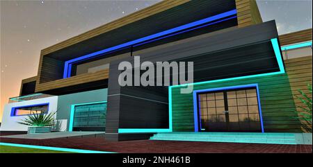 Combinazione blu turchese della decorazione luminosa notturna del cottage contemporaneo di campagna. Vista sul portico, sul garage e sul balcone in legno. 3d Foto Stock