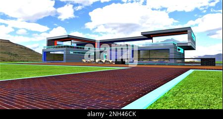 Il capolavoro dell'arte architettonica moderna Design contemporaneo della tenuta suburbana con illuminazione multicolore. Passerella in mattoni con luce c Foto Stock