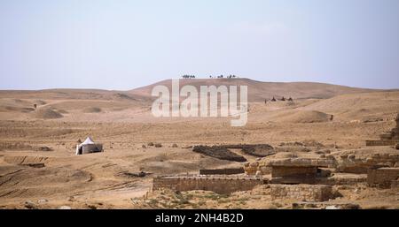 Giro in cammello nel deserto, Giza, il Cairo, Egitto Foto Stock