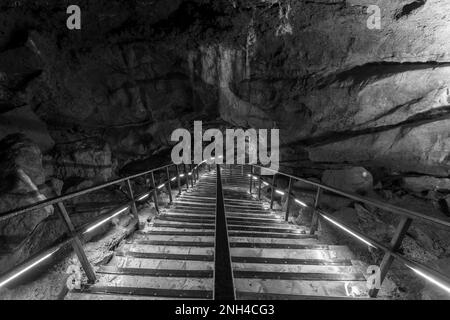 Una scala illuminata all'interno della Grotta di Goughs a Cheddar nel Somerset Foto Stock