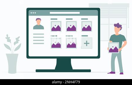 Concetto di creazione del contenuto - il creatore del contenuto aggiunge un'immagine Illustrazione Vettoriale