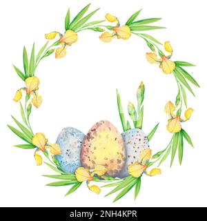 Corona di Pasqua con fiori gialli, iridi e uova, acquerello illustrazione. Bordo circolare floreale. Disegno a mano per stampa su tessuto, decorazione, wa Foto Stock