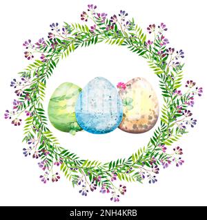 Corona floreale pasquale con fiori viola, rami, foglie e uova. Bouquet di fiori, acquerello illustrazione. Buona Pasqua Foto Stock