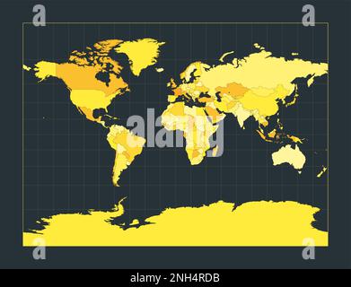 Mappa del mondo. Proiezione cilindrica Miller. Illustrazione futuristica del mondo per la vostra infografica. Colori di campagna giallo brillante. Interessante illustrazione vettoriale Illustrazione Vettoriale