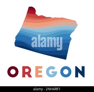 Mappa dell'Oregon. Mappa dello stato degli Stati Uniti con splendide onde geometriche nei colori rosso e blu. Vivace forma Oregon. Illustrazione vettoriale. Illustrazione Vettoriale