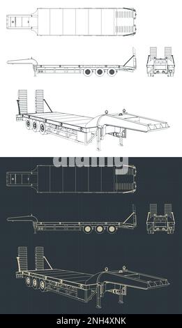 Illustrazione vettoriale stilizzata di progetti di rimorchi a letto basso Illustrazione Vettoriale