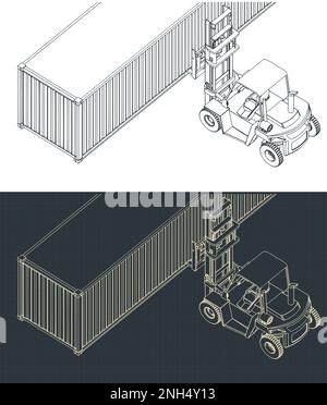 Illustrazione vettoriale stilizzata di un primo piano di carrello elevatore a forche e contenitore Illustrazione Vettoriale