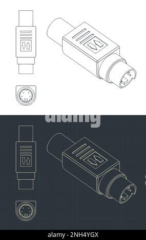 Illustrazione vettoriale stilizzata di Blueprint di spina S-video maschio Illustrazione Vettoriale