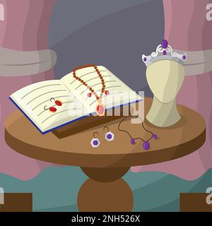 Tavolo con libro aperto e manichino con vettore corona Illustrazione Vettoriale