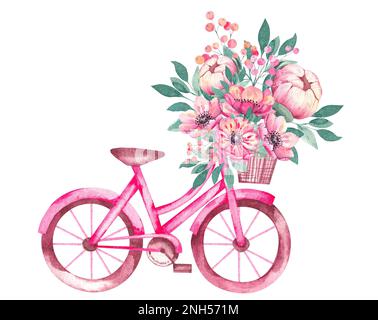 Bicicletta acquerello con cesto di fiori di anemone. Bicicletta rosa per imballaggi decorativi, abbigliamento per bambini, regali per le feste, tessuto stampato, invita Foto Stock