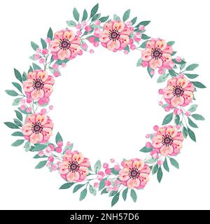 Cornice acquerello di fiori di anemone. Cornice floreale per imballaggi decorativi, abbigliamento per bambini, regali per le feste, tessuti stampati, inviti, s. digitali Foto Stock