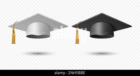 Vector 3D realistic White and Black Graduate College, High School, University Black Cap Icon Set Closeup isolato. Cappello per cerimonia di laurea Vector Illustrazione Vettoriale