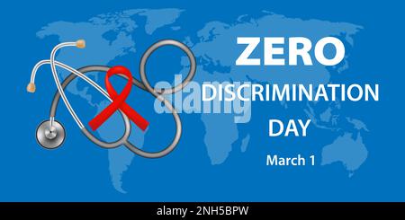 Poster Zero Discrimination Day 1 marzo. Modello con nastro rosso simbolico, statoscopio, mappa del mondo, testo su sfondo blu. AIDS concetto di consapevolezza. Illustrazione Vettoriale