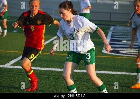 Leah Walsh, il numero 3 dell'Irlanda, e Laura Vollerberghe, il numero 9 del Belgio, vanno dopo la palla nella partita 14 del Conseil International du Sport Militaire (CISM) World Women's Military Football Championship 13th, ospitato dalla Fairchild Air Force base a Spokane, Washingon. Il campionato di quest'anno comprende squadre provenienti da Stati Uniti, Belgio, Camerun, Canada, Francia, Germania, Irlanda, Mali, Paesi Bassi e Corea del Sud. (Dipartimento della Difesa Foto di Steven Dinote, rilasciato). Foto Stock