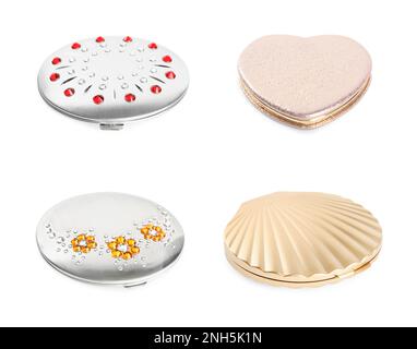 Con eleganti specchi tascabili su sfondo bianco Foto Stock