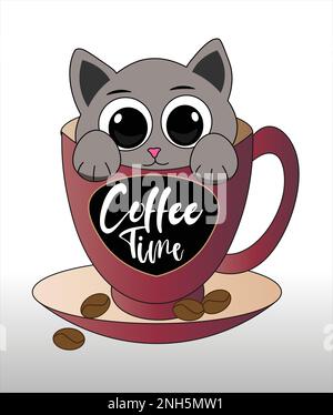 Carino auto in caffè tazza .draw vettore illustrazione carattere design banner carino gatto caffè amante concetto Doodle cartone animato stile Illustrazione Vettoriale