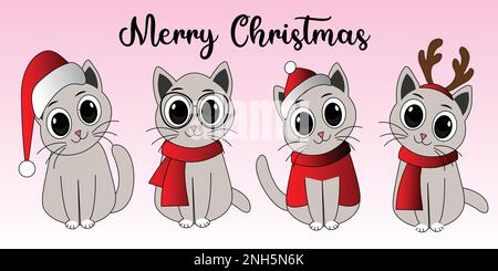 Set di disegno illustrazione banner carino gatto per il giorno di Natale e Capodanno. Doodle stile cartone animato. Illustrazione Vettoriale