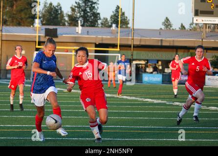 Il canadese Katherine Fung difende contro il francese Cany Proniez nella partita 16 del campionato mondiale di calcio militare femminile del Conseil International du Sport Militaire (CISM) del 13th, ospitato dalla Fairchild Air Force base a Spokane, Washingon. Il campionato di quest'anno comprende squadre provenienti da Stati Uniti, Belgio, Camerun, Canada, Francia, Germania, Irlanda, Mali, Paesi Bassi e Corea del Sud. (Dipartimento della Difesa Foto di Steven Dinote, rilasciato). Foto Stock