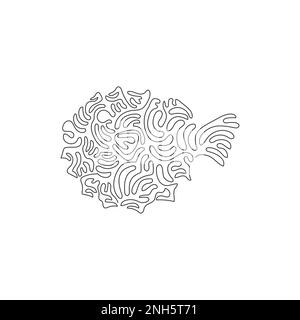 Singolo riccio disegno linea di cute pufferfish goffo nuotatori astratto arte Illustrazione grafica vettoriale a tratto continuo di adorabile pesce soffusa Illustrazione Vettoriale
