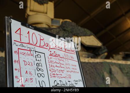 Una lavagna bianca di proprietà degli Stati Uniti La meccanica dell'esercito assegnata alla truppa Apache, 4th Squadron, 10th Cavallery Regiment, 3rd Armored Brigade Combat Team, 4th Infantry Division, mostra un piano d'azione mentre effettuano la manutenzione dei veicoli M2A3 Bradley Fighting durante i servizi annuali a Trzebień, Polonia, 18 luglio 2022. L'ABCT 3/4 è tra le altre unità assegnate alla Divisione Fanteria 1st, orgogliosamente lavorando insieme agli alleati della NATO e ai partner della sicurezza regionale per fornire forze credibili da combattimento al V Corps, il corpo americano schierato a termine in Europa. Foto Stock