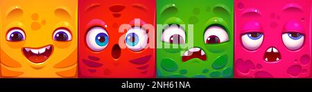 Imposta il volto del mostro quadrato per l'avatar del giocatore nel gioco. Fumetto emozione espressione su adesivi in vettore. Divertente collezione di personaggi alieni con risate felici, umore sconvolto o triste, sorpresa, bocca aperta Illustrazione Vettoriale