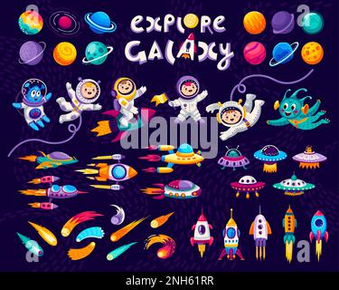 Spazio e galassia dei bambini dei cartoni animati. Astronauti, pianeti e razzi. Allegro bambino o alieno personaggio bambino volare in assenza di peso, fantastico piano galassia Illustrazione Vettoriale