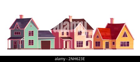 Set di cartoni animati di case con garage isolati su sfondo bianco. Illustrazione vettoriale di edifici di cottage facciata con porte, finestre, pareti in mattoni colorati, tetto e camini. Quartiere di città suburbana Illustrazione Vettoriale