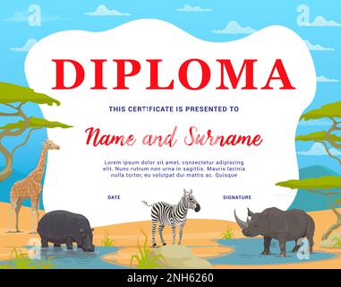 Diploma. Safari caccia, ambiente, giornata mondiale degli animali. Concorso di caccia, certificato vettoriale o diploma di conseguimento del trofeo di caccia con Illustrazione Vettoriale