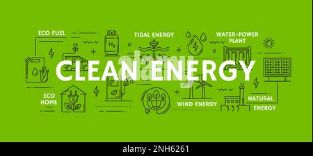 Concetto di energia pulita. Cella a batteria, industria del combustibile rinnovabile, poster vettoriale della fabbrica di elettricità. Trasporto sostenibile di energia delineare il contesto con s Illustrazione Vettoriale