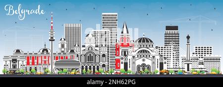 Skyline di Belgrado Serbia con edifici a colori e cielo blu. Illustrazione vettoriale. Belgrado paesaggio urbano con punti di riferimento. Illustrazione Vettoriale