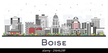 Boise Idaho City Skyline con edifici a colori isolati su White. Illustrazione vettoriale. Boise USA con i suoi punti di riferimento. Illustrazione Vettoriale