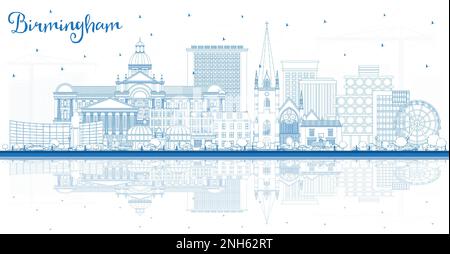 Delineate lo skyline di Birmingham UK con edifici blu e riflessioni. Illustrazione vettoriale. Il paesaggio urbano di Birmingham con i suoi punti di riferimento. Illustrazione Vettoriale