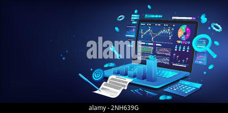 Dashboard di gestione finanziaria aziendale su notebook 3D Illustrazione Vettoriale