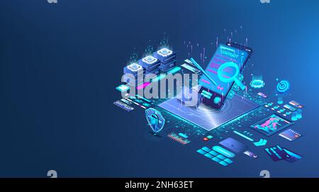 Illustrazione blu isometrica concetto di contratto intelligente. Accordi di formato digitale con documenti elettronici Illustrazione Vettoriale