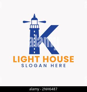 Lettera K Light House Logo Vector concetto. Logotipo Light House Illustrazione Vettoriale