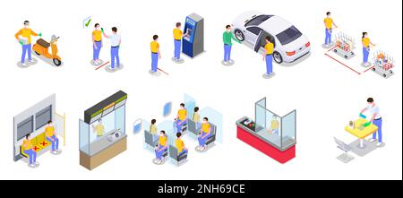 Gruppo isometrico di distensione sociale di icone isolate e composizioni di persone con una quantità sicura di illustrazione vettoriale a distanza Illustrazione Vettoriale