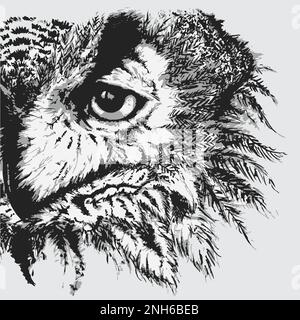 Vettore di schizzo line art bianco e nero OWL Ink monocromatico. Illustrazione Vettoriale