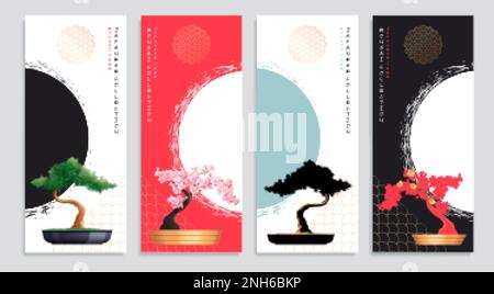 Set piatto di quattro striscioni verticali con alberi di bonsai giapponesi in crescita isolato illustrazione vettoriale Illustrazione Vettoriale