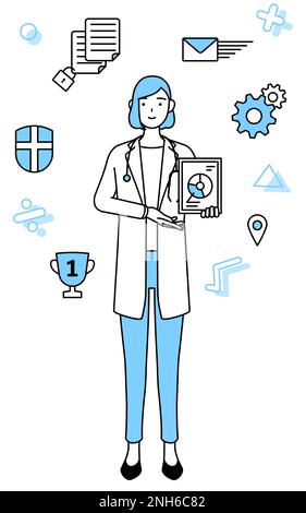 Immagine di DX, Una donna medico in camice bianco che utilizza la tecnologia digitale per migliorare la sua attività Foto Stock