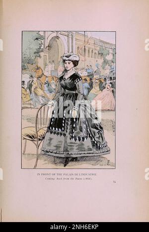 Moda vintage a Parigi. Di fronte al Palais de l'Industrie. Tornando dalle gare, 1866. Le varie fasi di gusto ed estetica femminile dal 1797 al 1897 Foto Stock