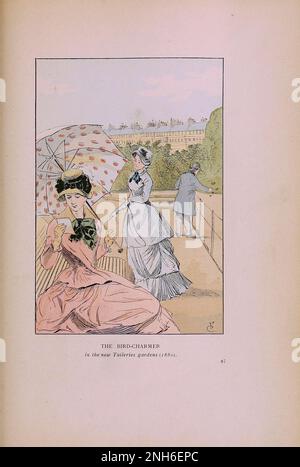 Moda vintage a Parigi. Il fascino degli uccelli. Nei nuovi Giardini delle Tuileries, 1880. Le varie fasi di gusto ed estetica femminile dal 1797 al 1897 Foto Stock