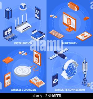 Icone isometriche della tecnologia wireless impostate con simboli di distribuzione illustrazione vettoriale isolata Illustrazione Vettoriale