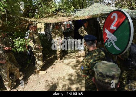 Illustri visitatori di varie Nazioni e eserciti osservano un posto di comando polacco durante l'esercitazione Dynamic Front 22 presso la Grafenwoehr Training Area, Germania, 20 luglio 2022, del 7th Army Training Command. DF22, guidato da 56th Artillery Command e Stati Uniti Army Europe and Africa Directed, è il primo esercizio sugli incendi integrati NATO Allied and Partner guidato dagli Stati Uniti nel Teatro europeo, incentrato sull'interoperabilità degli incendi e sulla crescente disponibilità, letalità e interoperabilità in tutti i settori umani, procedurali e tecnici. Foto Stock