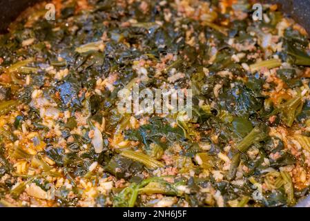 Tradizionale pasto turco di spinaci con riso e carne macinata con yogurt su piatto di porcellana bianca Foto Stock