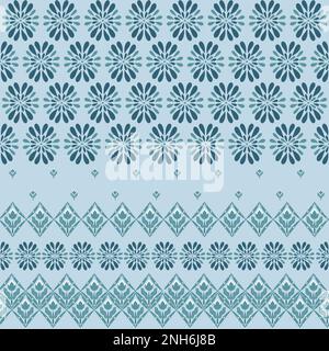 Rhombus e fiori astratti senza cuciture modello. Ornamento semplice e moderno in tonalità blu. Sfondo monocromatico geometrico. Perfetto per stampe in lino e regali Foto Stock