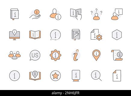 Set di icone della riga delle informazioni. Informativa sulla privacy, manuale, regola, istruzioni, informare, guida, fare riferimento all'illustrazione vettoriale minima. Semplice simbolo di contorno Illustrazione Vettoriale