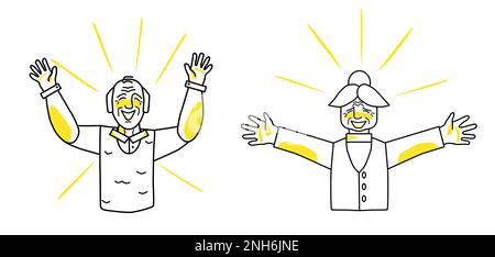 Felice vecchio e donna, emozione di felicità, piacere e soddisfazione di nonna e nonno, aprono le braccia. Linea di stile dello schizzo del semicorpo Illustrazione Vettoriale
